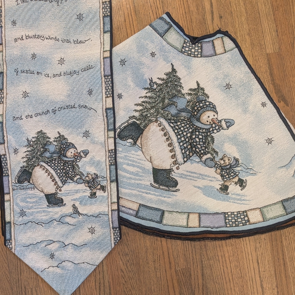 SET Tree Skirt And Runner, Skating Snowman Design By Heidi Satterberg, MOEUC